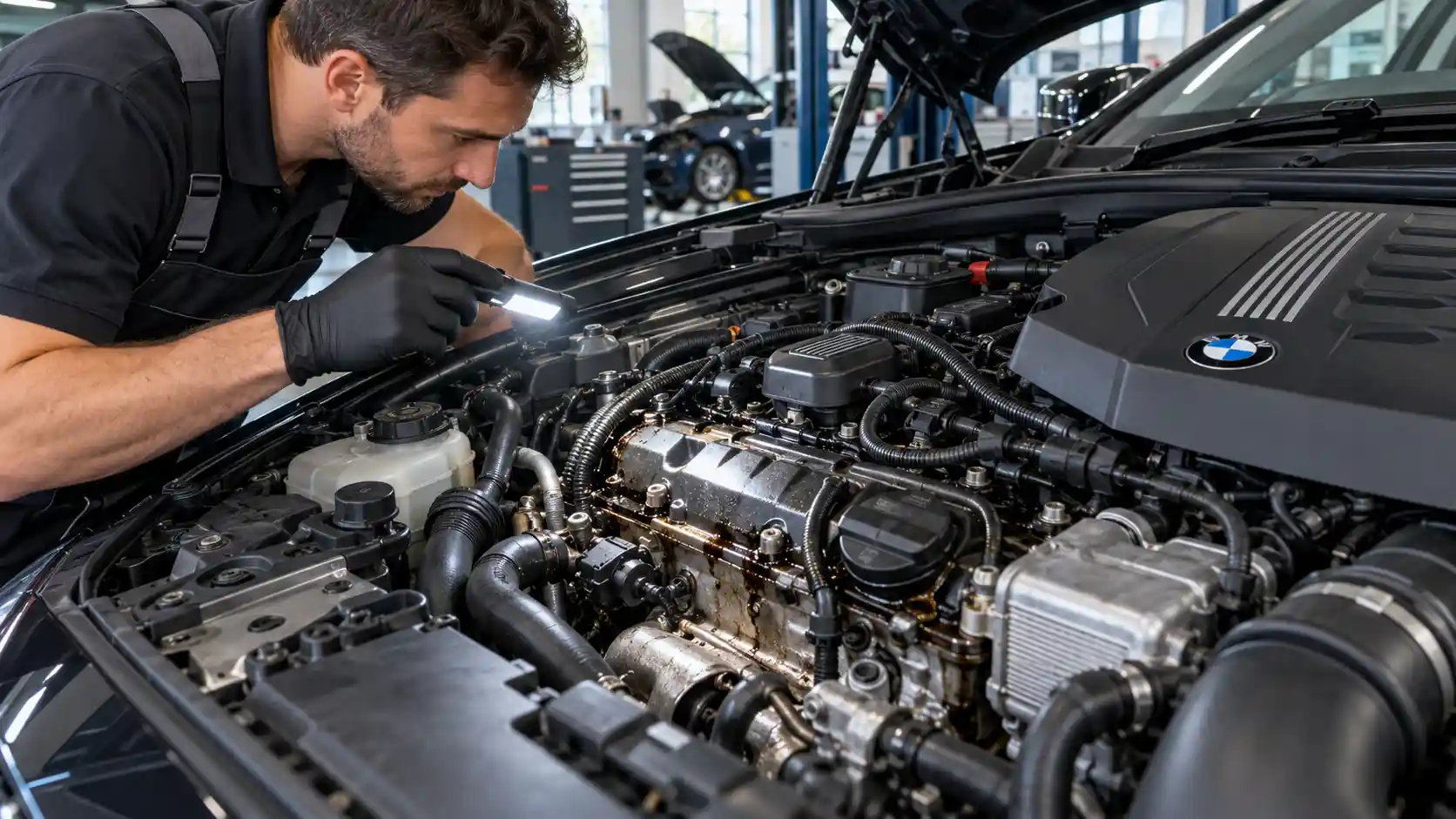 Technician inspecting a BMW engine bay with a torch during a workshop check