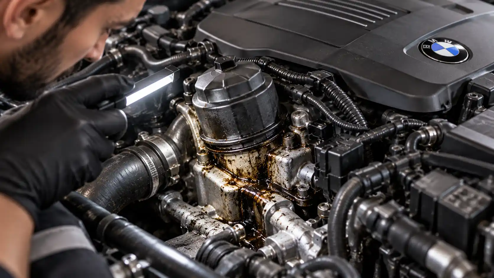 Technician inspecting an oil leak around a BMW oil filter housing