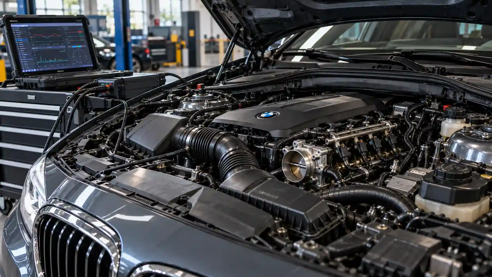 Open BMW engine bay connected to a diagnostic laptop in a workshop