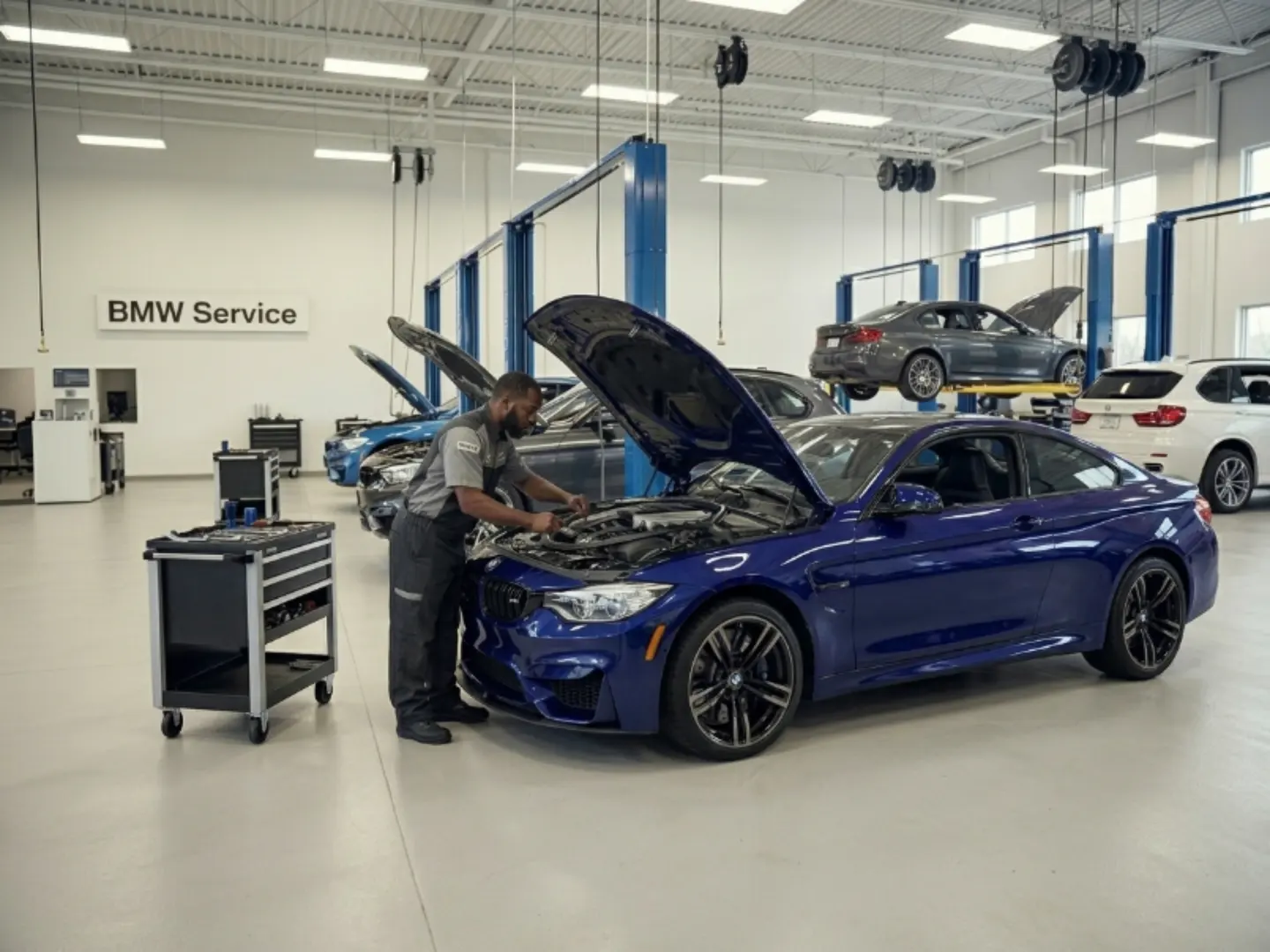 Technician servicing a BMW M4 engine bay at the Exotic Auto Services workshop