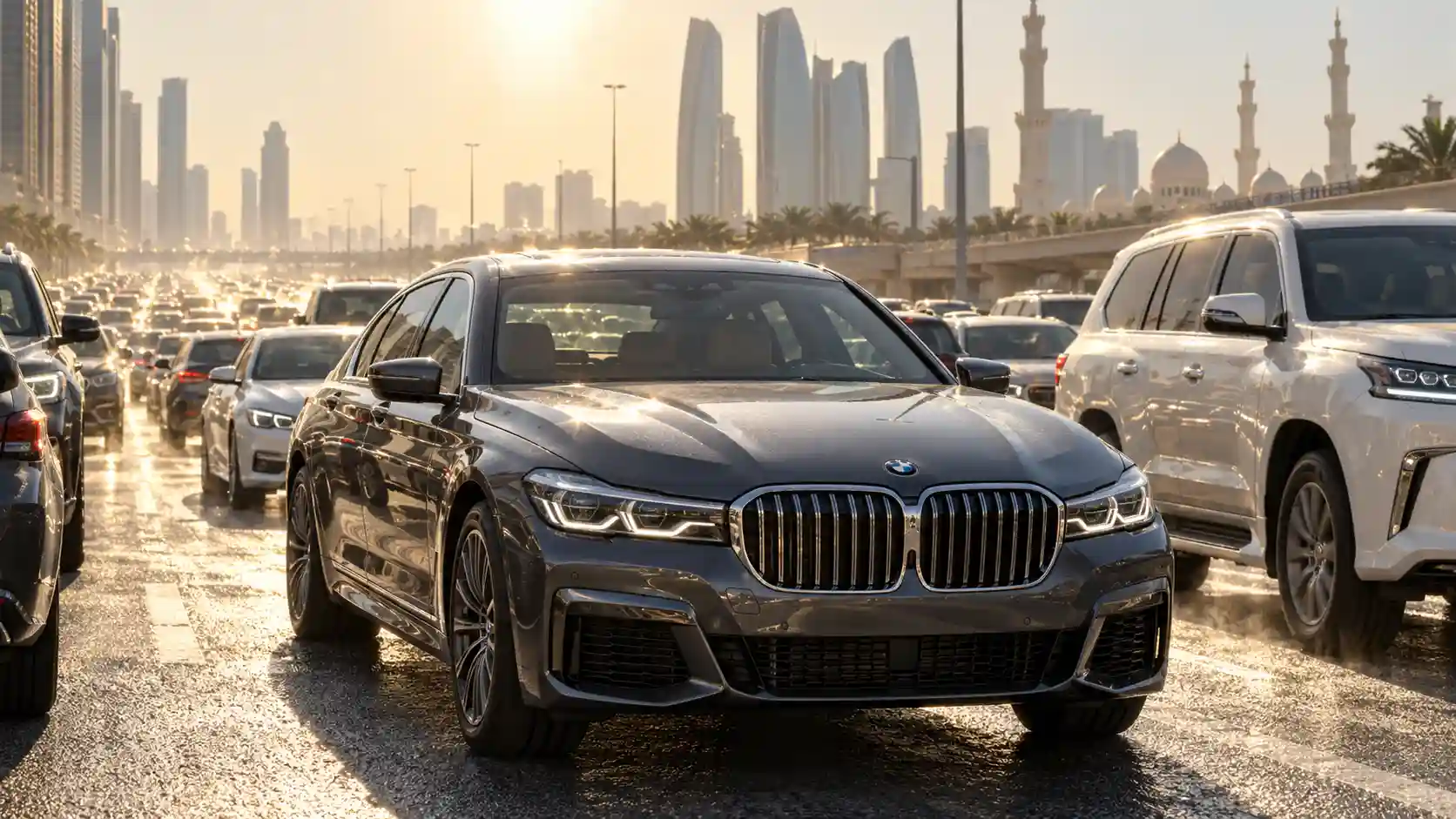 Grey BMW 7 Series in heavy Abu Dhabi traffic under the midday sun
